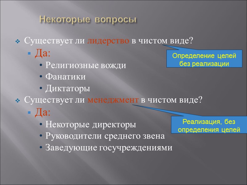 Некоторые вопросы Существует ли лидерство в чистом виде? Да: Религиозные вожди Фанатики  Диктаторы